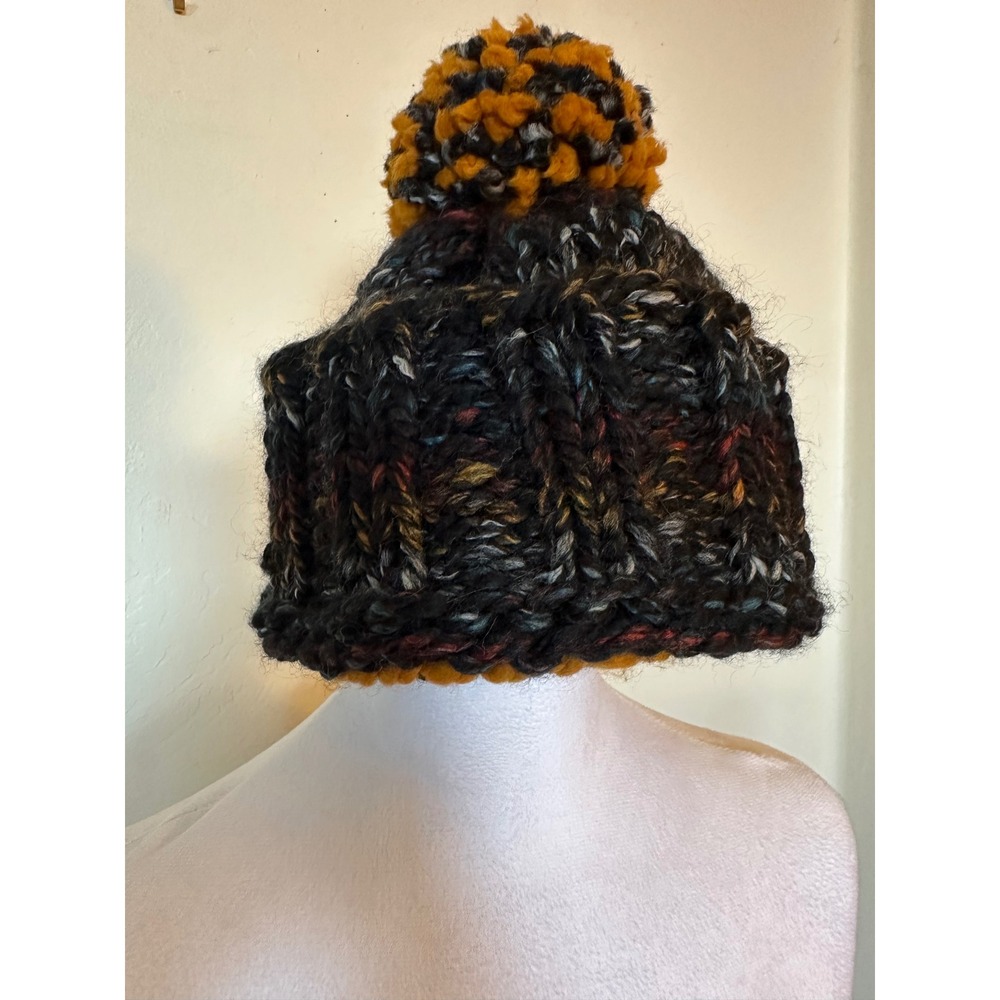 Handmade Chunky Knit Beanie Marled Black Yellow Pom Pom Winter Hat